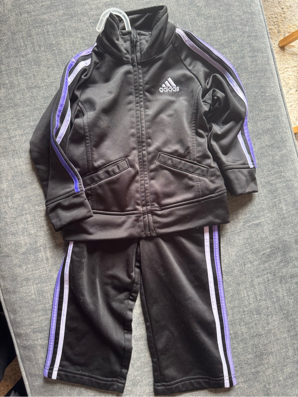 adidas Black Jacket & Pants Set with Purple and White Stripes